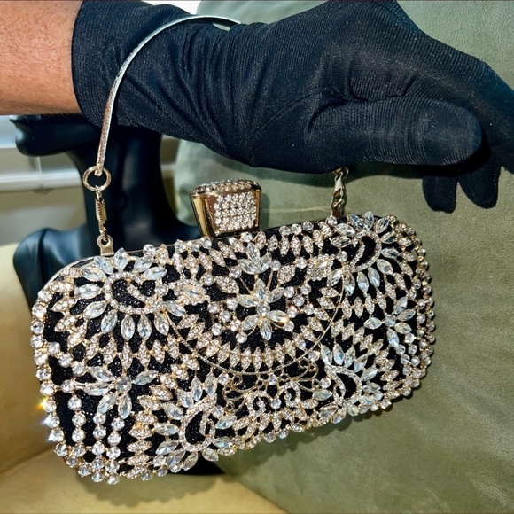Crystal Rhinestone Embellished Black Evening Bag w/Handle & Chain Strap NWT - Picture 15 of 16